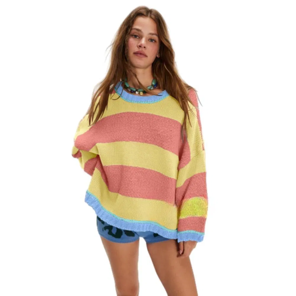 Best-Selling Euro-American Street Style Women′s Asymmetric Stripe Contrast Panel Loose Pullover Sweater