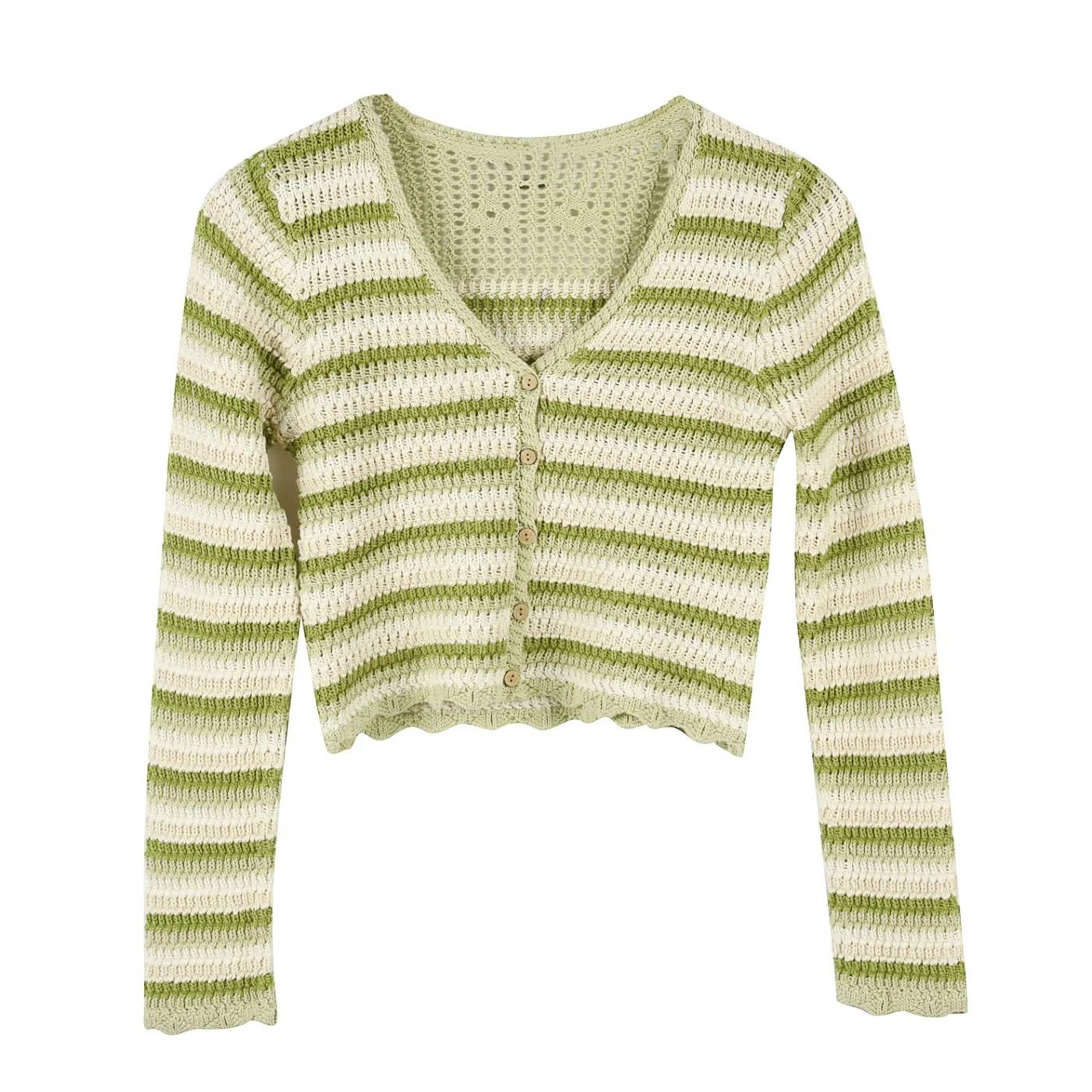 Wholesale Lucky Light Green Stripe Crochet Women Cardigan Sweater