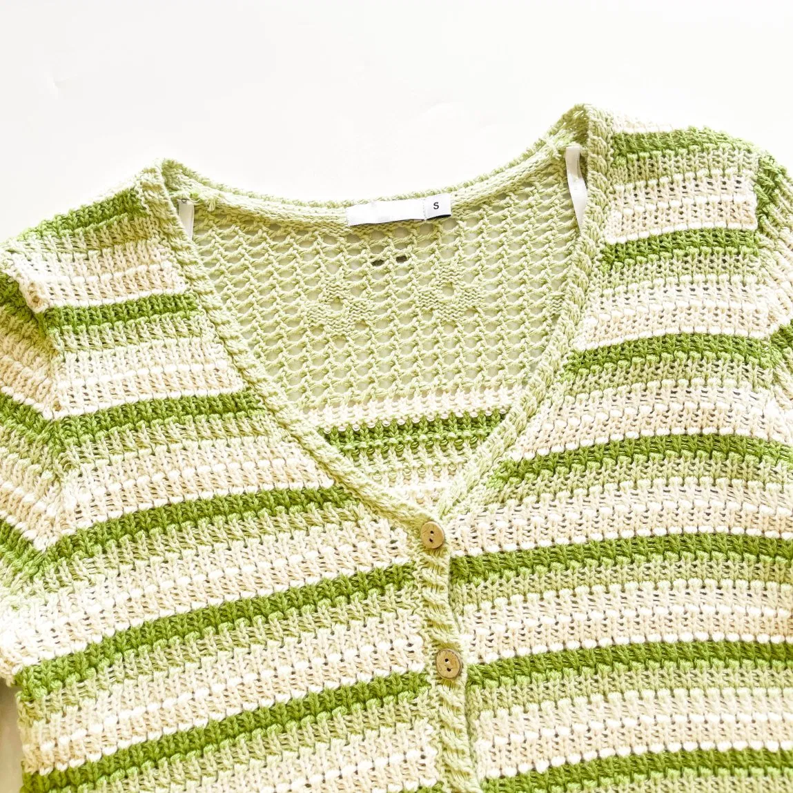 Wholesale Lucky Light Green Stripe Crochet Women Cardigan Sweater