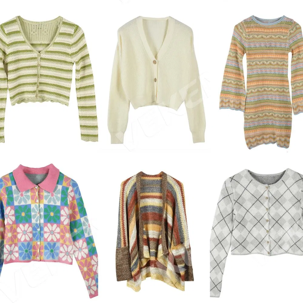 Wholesale Lucky Light Green Stripe Crochet Women Cardigan Sweater