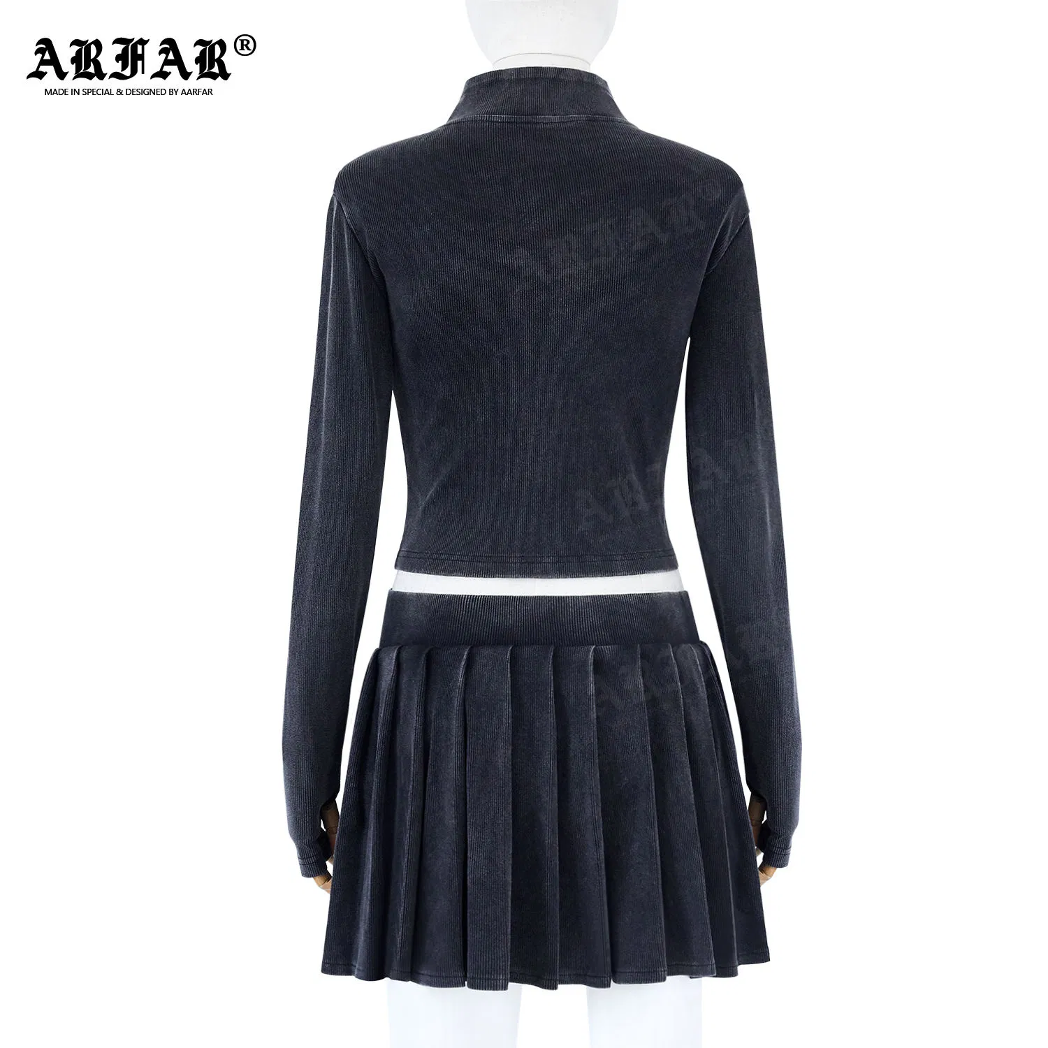 Custom Women Set Pleated Skirt Ribbed Knitted High Neck Short Zip up Jacket Embroidery Two Piece Set High Waist for Women