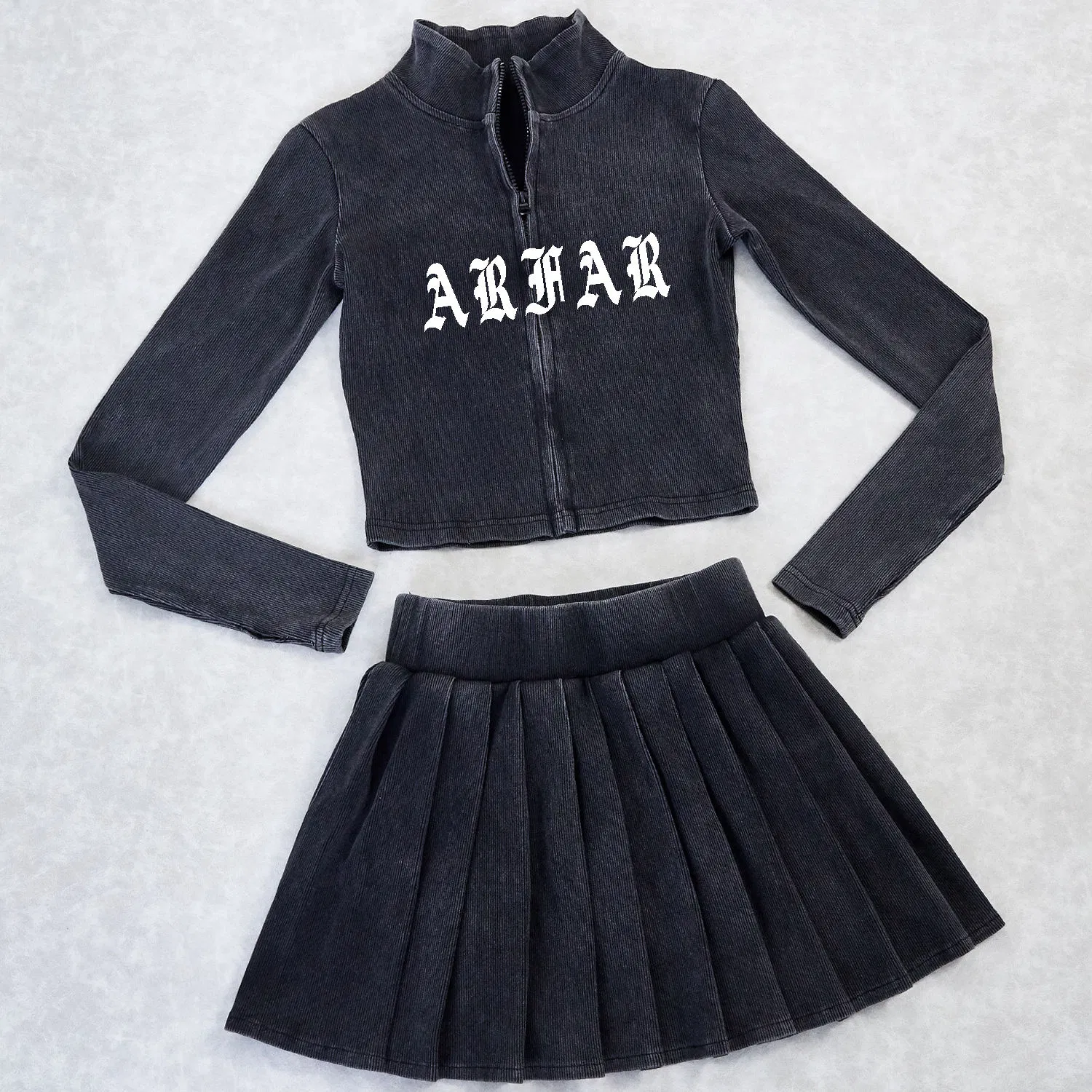 Custom Women Set Pleated Skirt Ribbed Knitted High Neck Short Zip up Jacket Embroidery Two Piece Set High Waist for Women