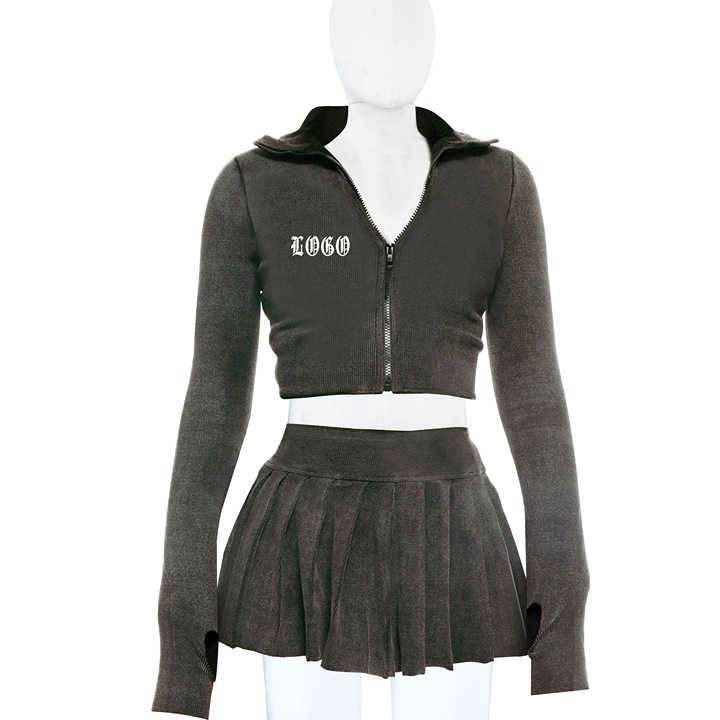 Women Jacket Pleated Skirt Cotton Knitted High Neck Short Zippered Cardigan Embroidery Two Piece Set High Waist for Women