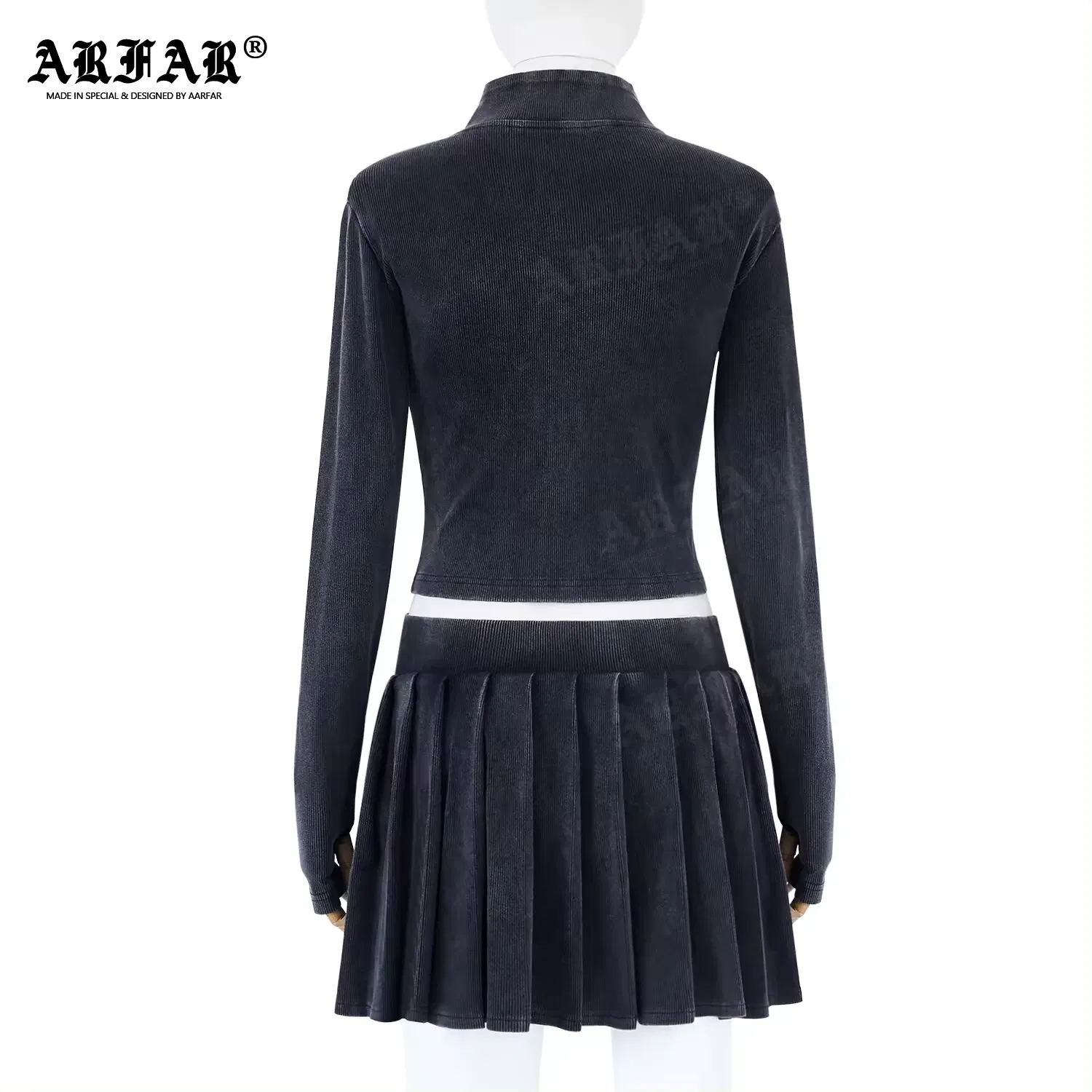 Women Jacket Pleated Skirt Cotton Knitted High Neck Short Zippered Cardigan Embroidery Two Piece Set High Waist for Women