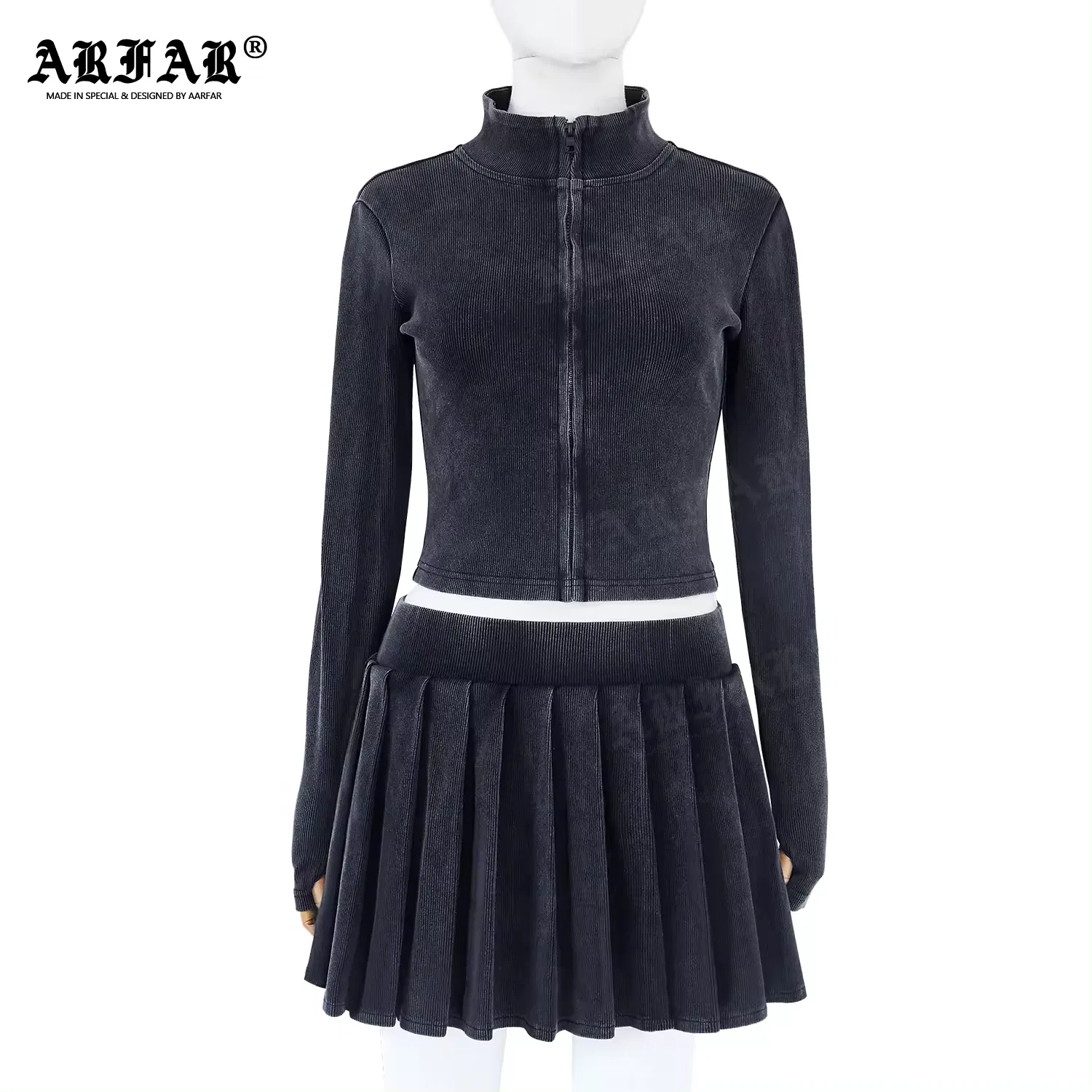 Women Jacket Pleated Skirt Cotton Knitted High Neck Short Zippered Cardigan Embroidery Two Piece Set High Waist for Women