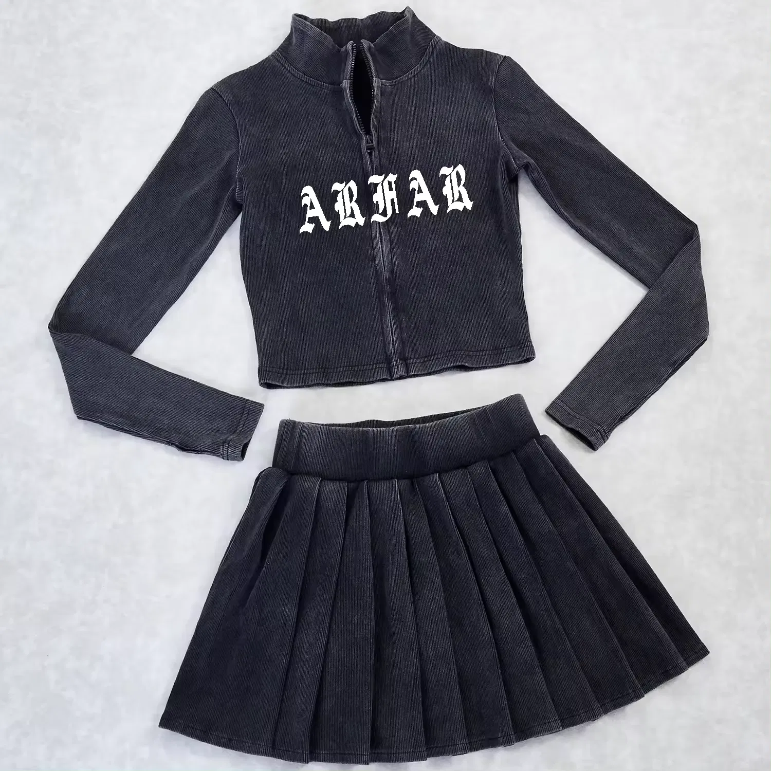 Women Jacket Pleated Skirt Cotton Knitted High Neck Short Zippered Cardigan Embroidery Two Piece Set High Waist for Women