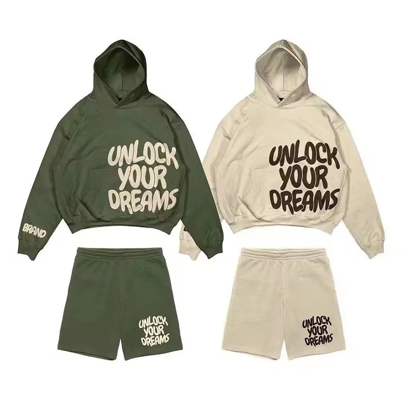 Custom 100% Cotton Manufacturer Logos Puff Printing Pullover Hoodie Sports Sweatsuit Cropped Hooded and Shorts Streetwear Tracksuit