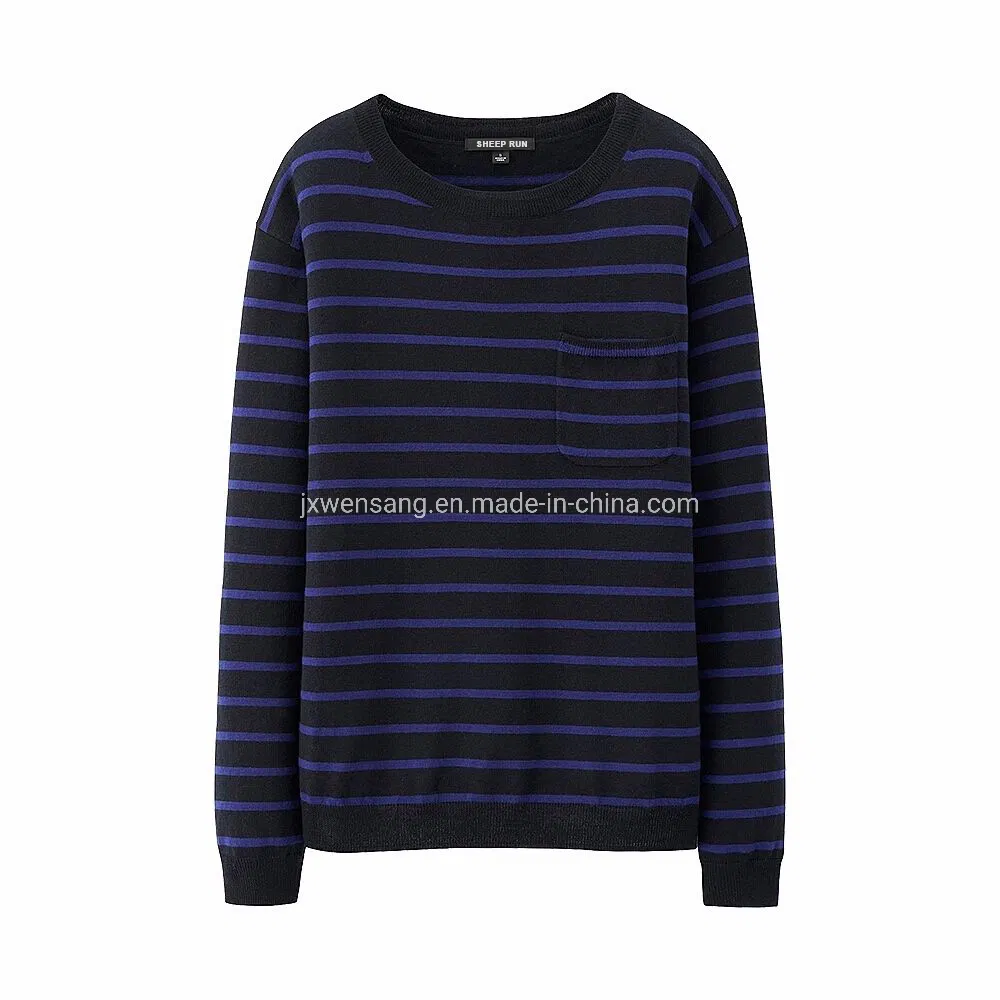 Merino Men&prime;s Pullover 100% Australian Natural Fabric Knitted Dark Blue Crew Neck Merino Striped Sweater