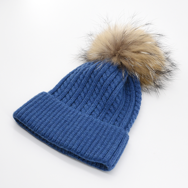Premium Winter Beanie Hat with Authentic Raccoon Fur POM Poms