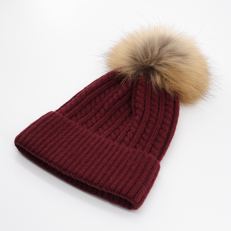 Premium Winter Beanie Hat with Authentic Raccoon Fur POM Poms