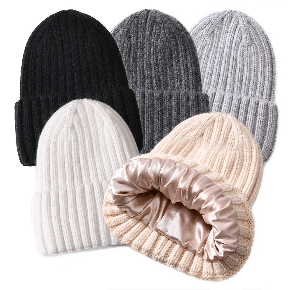 New Design Silk Lined Beanie Custom Logo Sleep Cap Winter Hats Wholesale Blank Unisex Satin Lined Knitted Beanie Hat