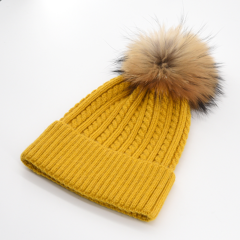 Premium Winter Beanie Hat with Authentic Raccoon Fur POM Poms