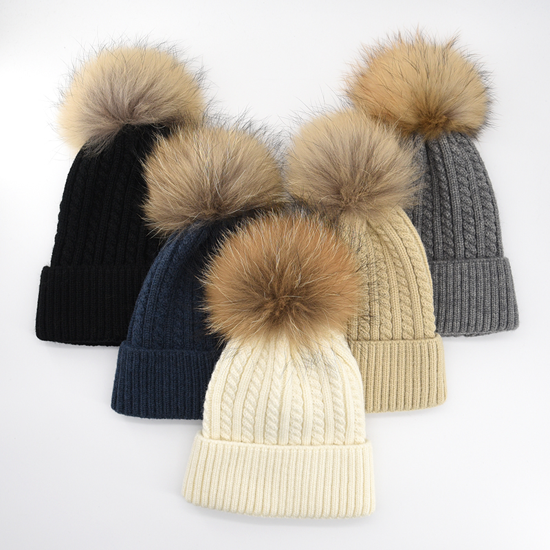 Premium Winter Beanie Hat with Authentic Raccoon Fur POM Poms