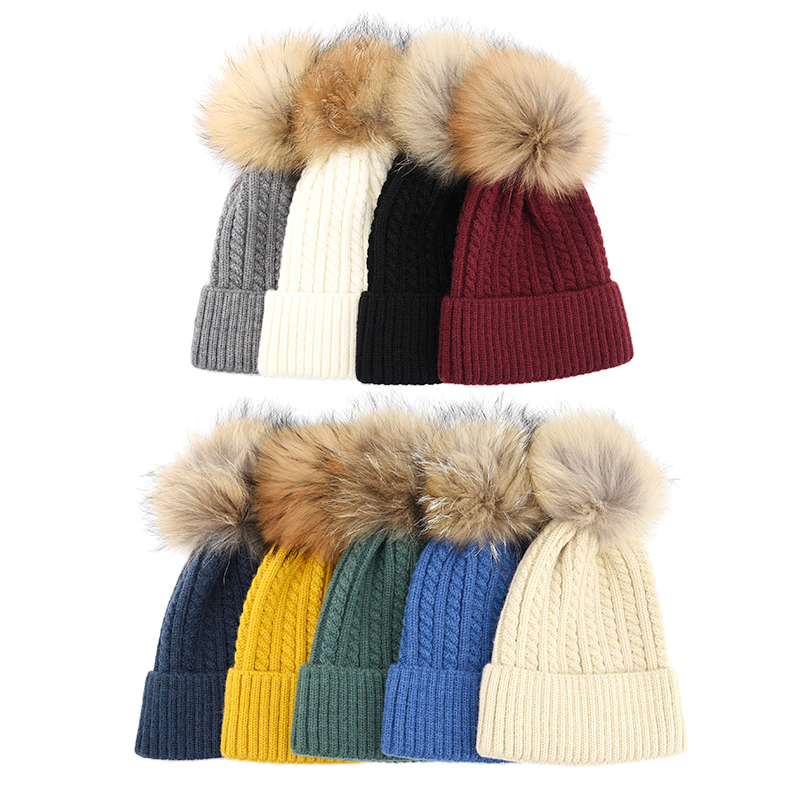 Premium Winter Beanie Hat with Authentic Raccoon Fur POM Poms