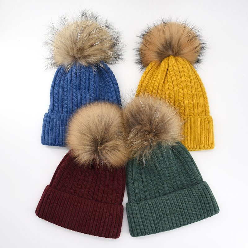 Premium Winter Beanie Hat with Authentic Raccoon Fur POM Poms