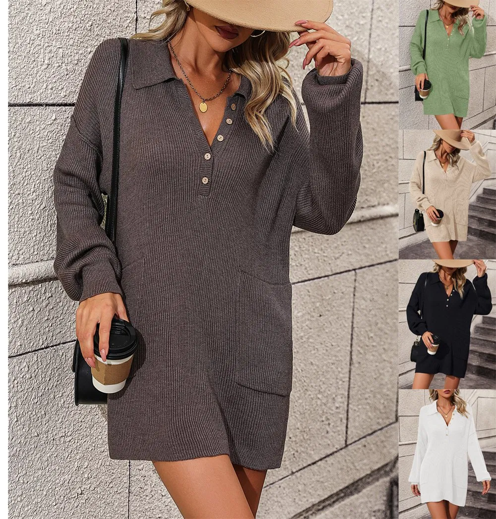 Women′s Solid Color Lapel Button Sweater Long Coat Sweater Woman Top