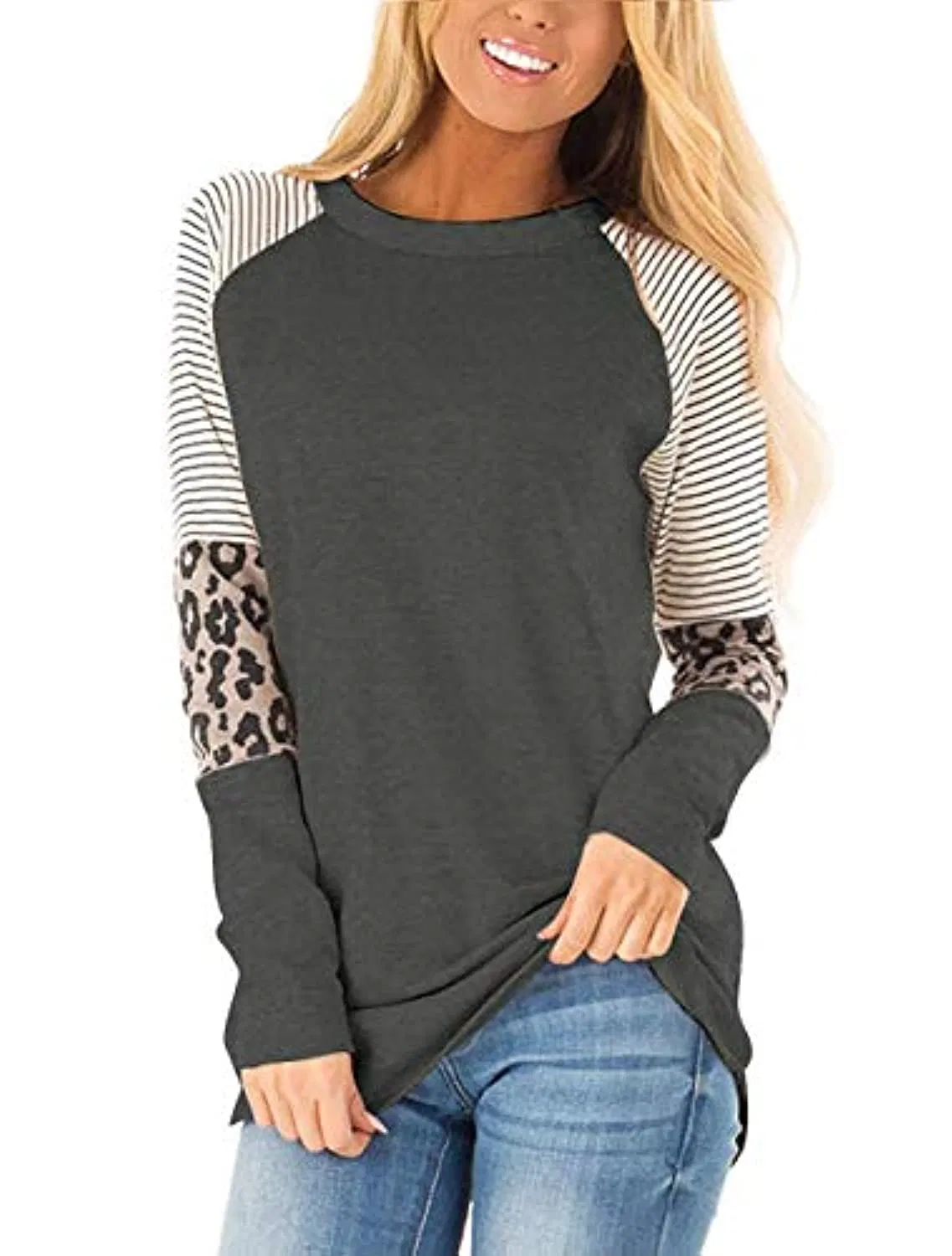 Women&prime;s Leopard Print Color Block Tunic Round Neck Long Sleeve Shirts Striped Causal Blouses Tops