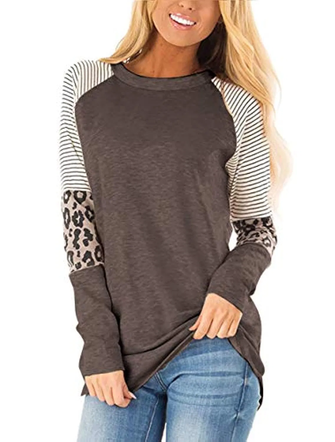 Women&prime;s Leopard Print Color Block Tunic Round Neck Long Sleeve Shirts Striped Causal Blouses Tops