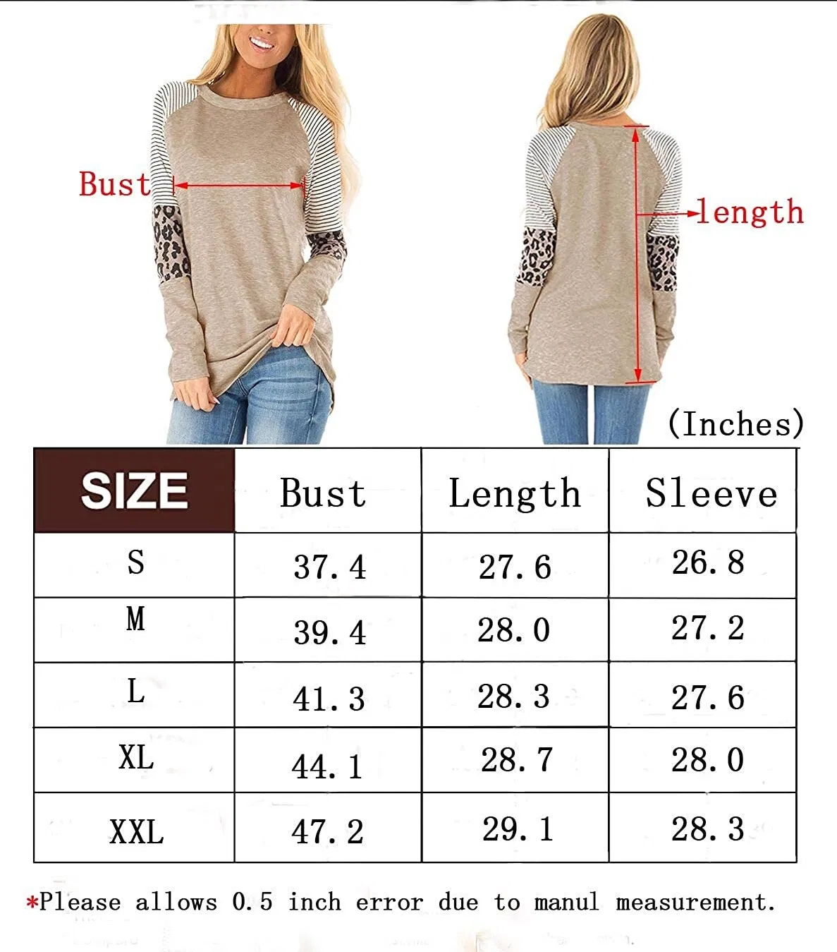 Women&prime;s Leopard Print Color Block Tunic Round Neck Long Sleeve Shirts Striped Causal Blouses Tops