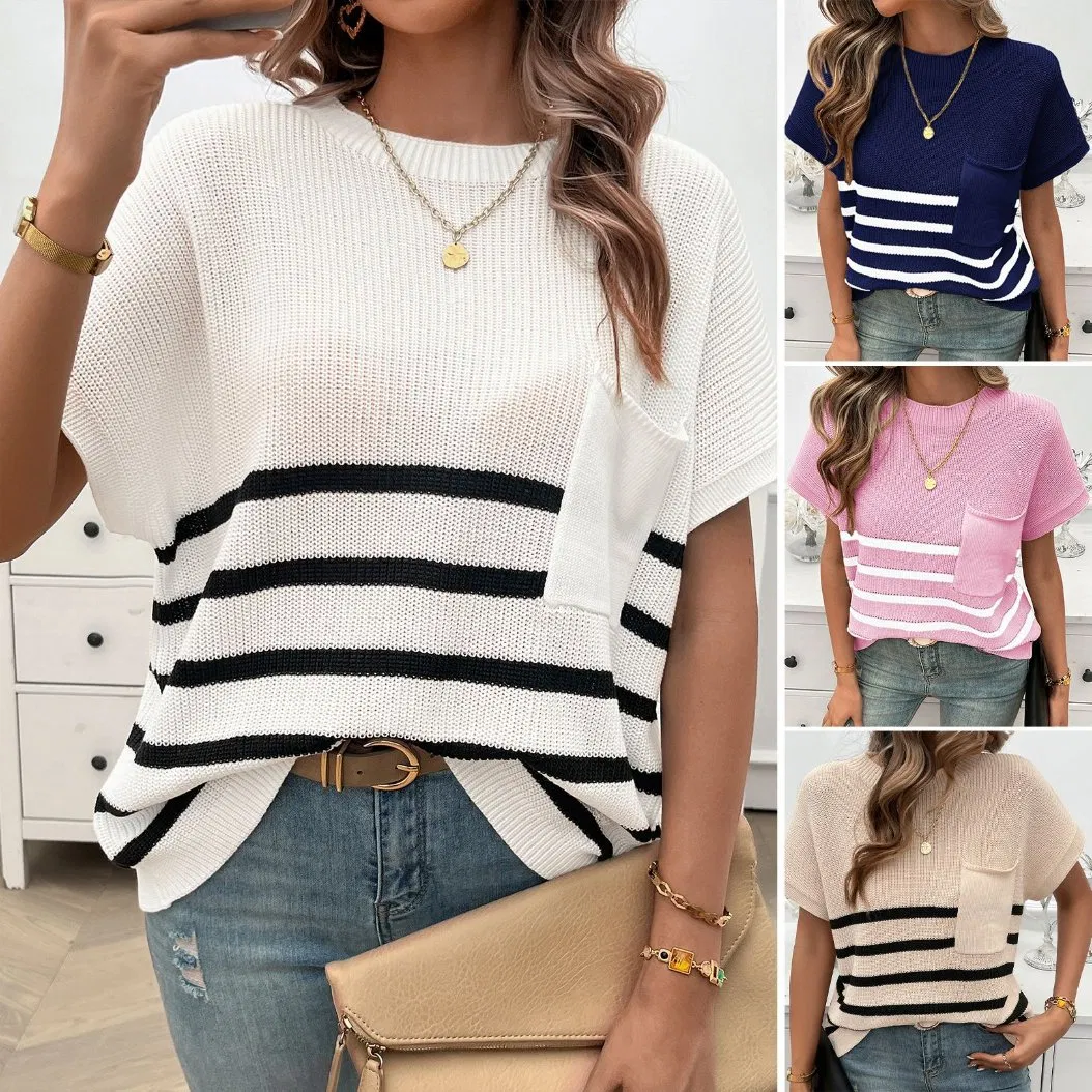 Four Seasons Women′s Crew-Neck Striped Color Short-Sleeved Sweater Blouse