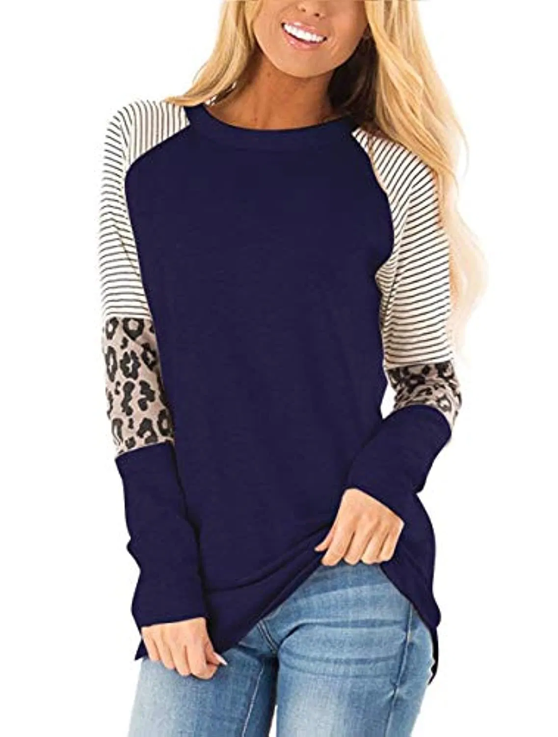 Women′s Leopard Print Color Block Tunic Round Neck Long Sleeve Shirts Striped Causal Blouses Tops