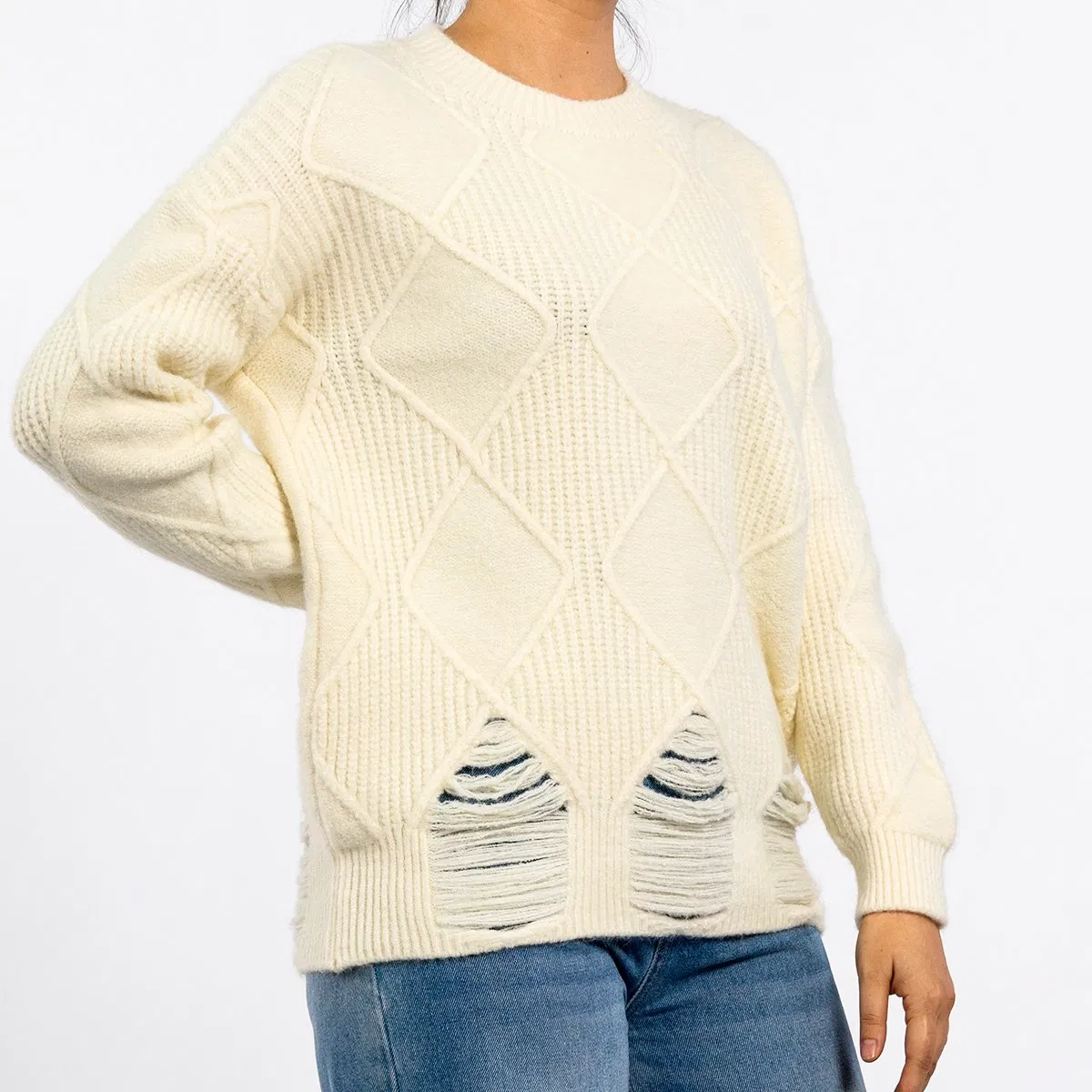 Round Neck Cut Graphic Texture Pullover Beige Sweater
