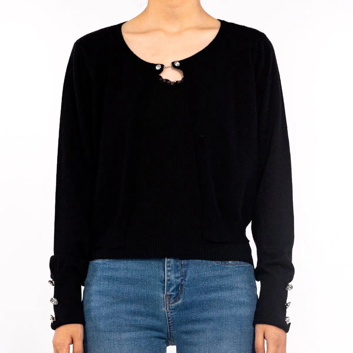 Black Crew Neck Long Sleeve Knit Lightweight Crop Sweater Cardigan Women