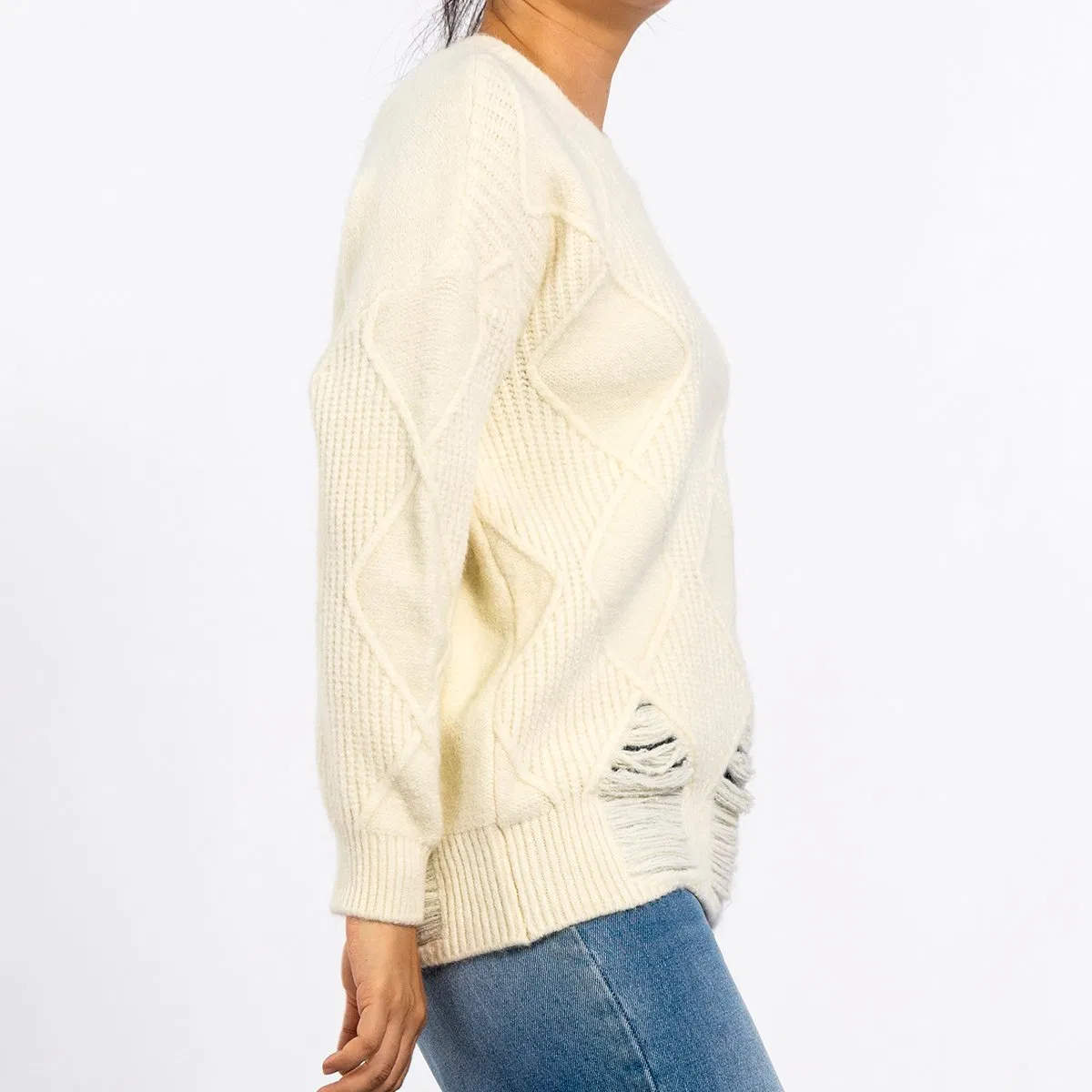 Round Neck Cut Graphic Texture Pullover Beige Sweater
