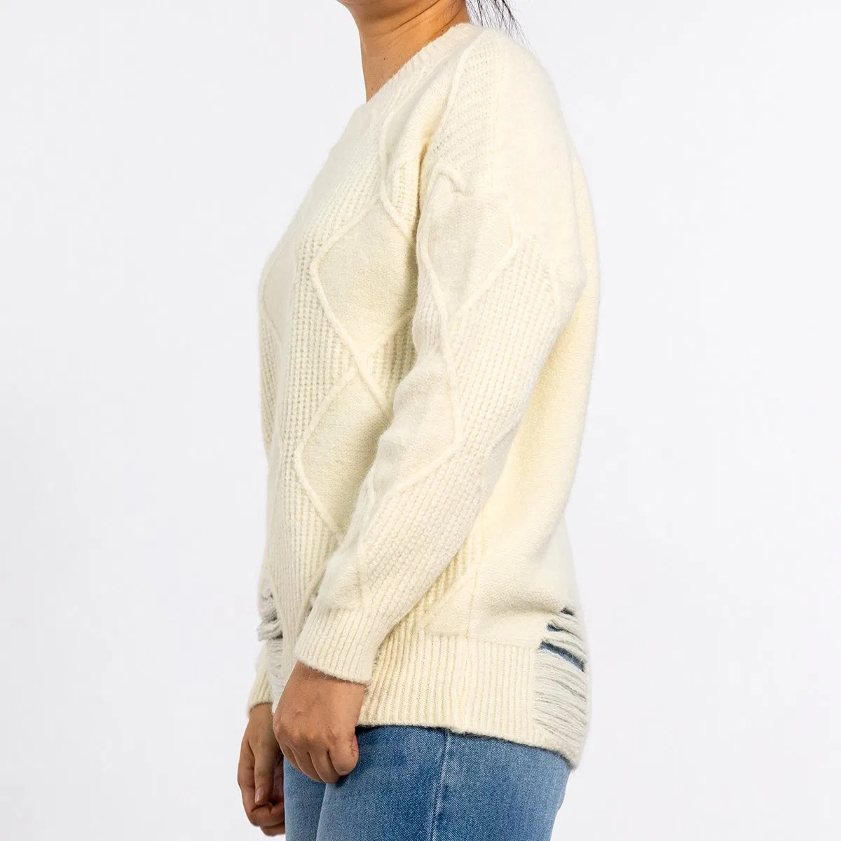 Round Neck Cut Graphic Texture Pullover Beige Sweater