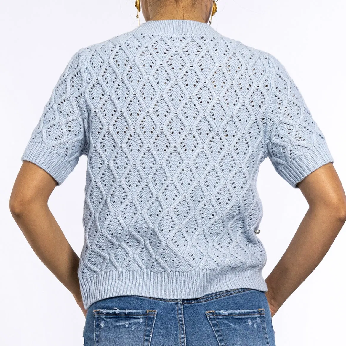 Summer Blue Hot Diamond Design Round Neck Crochet Sweater Short Sleeve Cardigan
