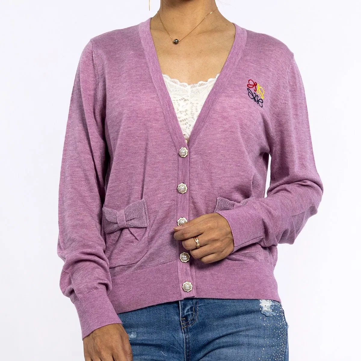 Spring Purple Embroidery Deep V-Neck Long Sleeve Knitted Tops Light Weight Cardigan Sweaters for Women
