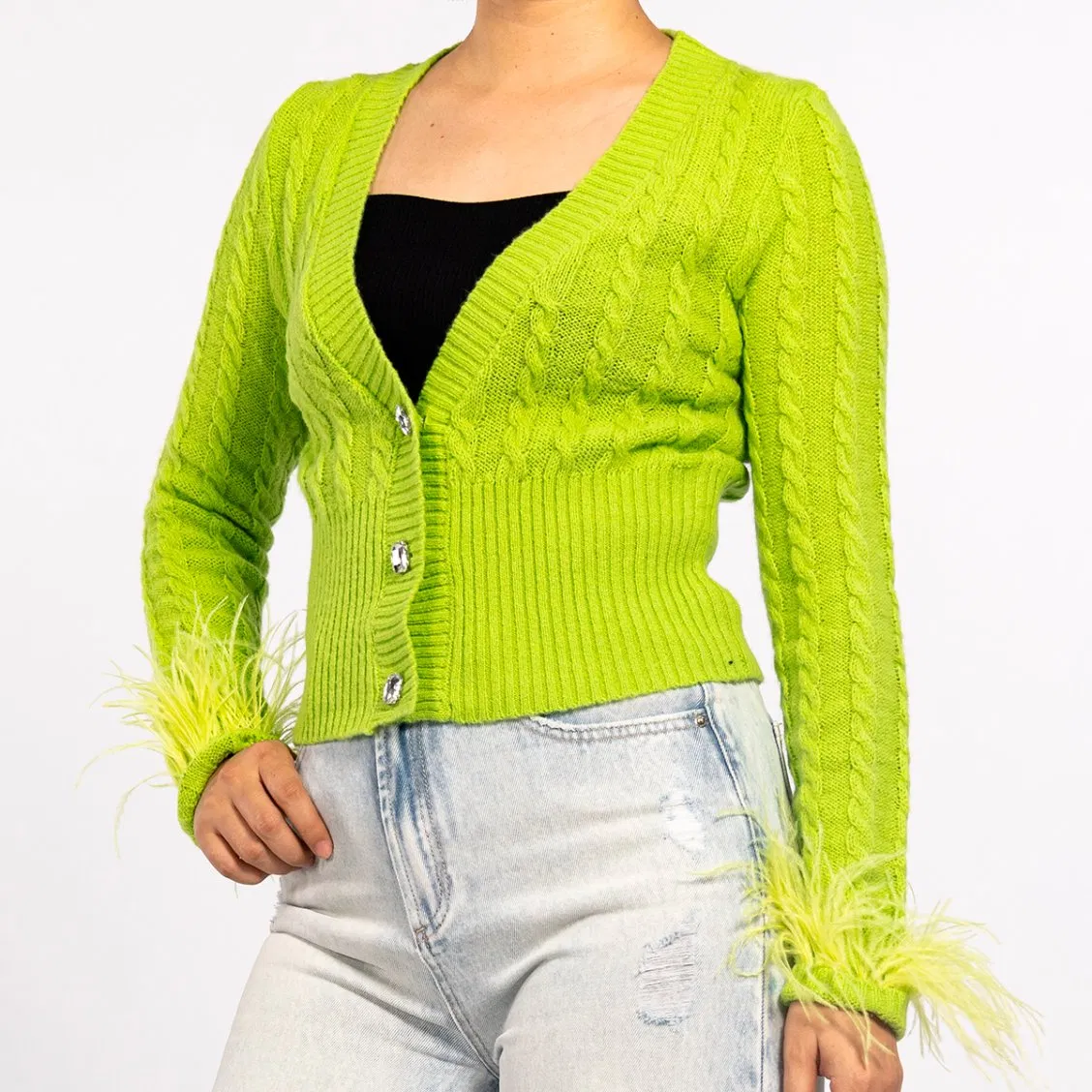 Spring Green Twisted Diamond Knit Top Feather Lightweight Cardigan Sweater for Women