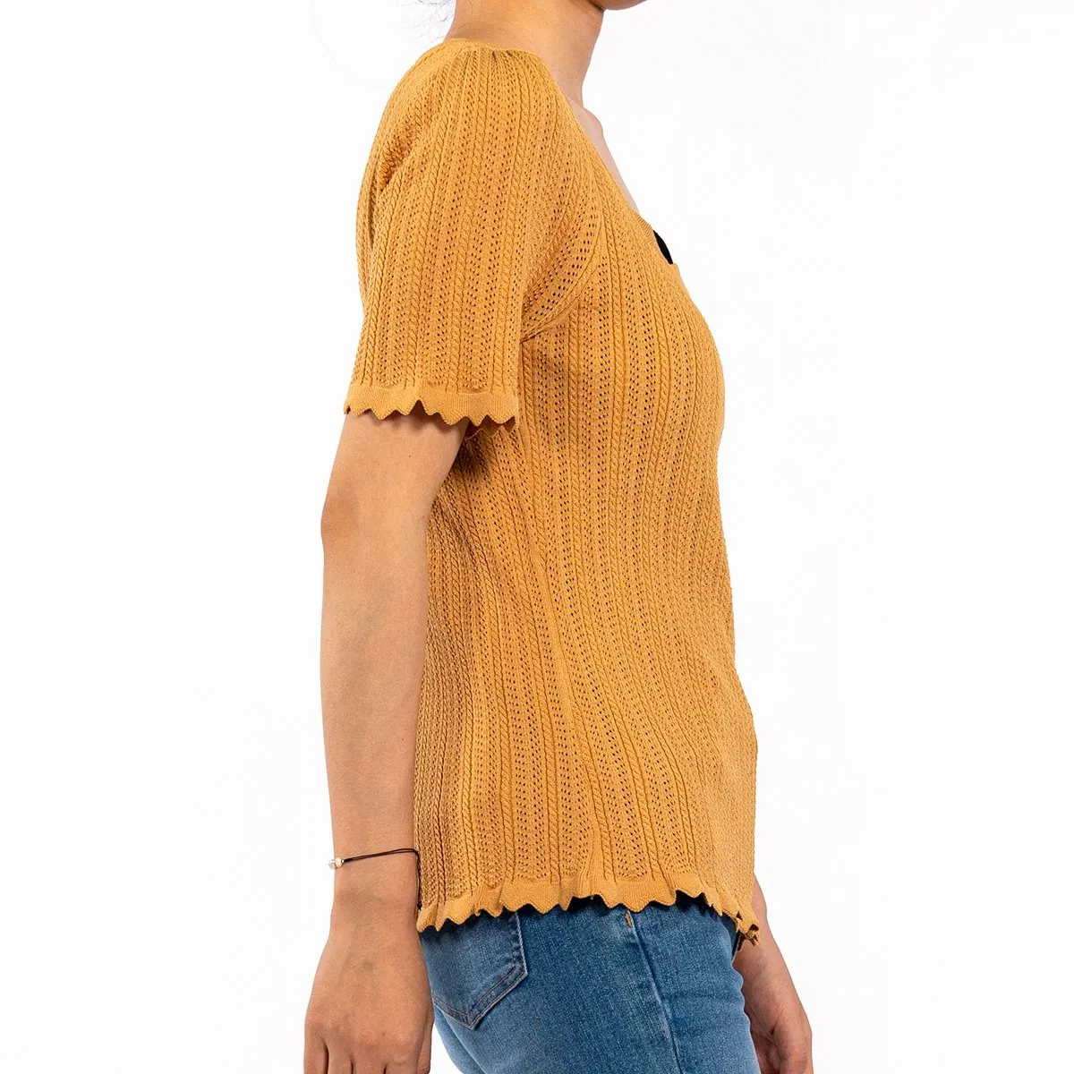 Casual Short Sleeve T-Shirt Square Neck Wavy Edge Hollow out Summer Knit Top Women