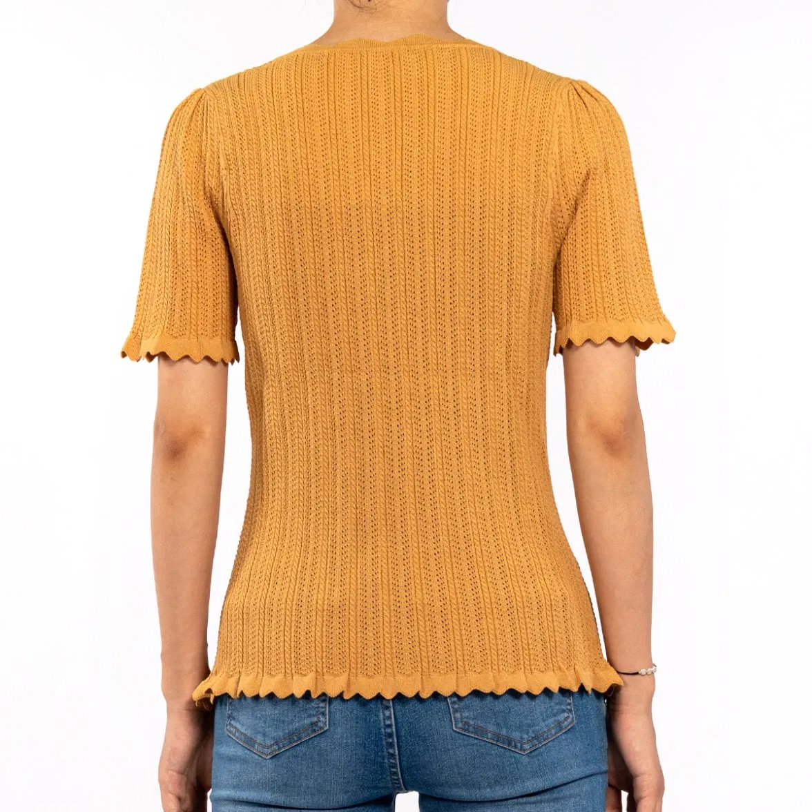 Casual Short Sleeve T-Shirt Square Neck Wavy Edge Hollow out Summer Knit Top Women