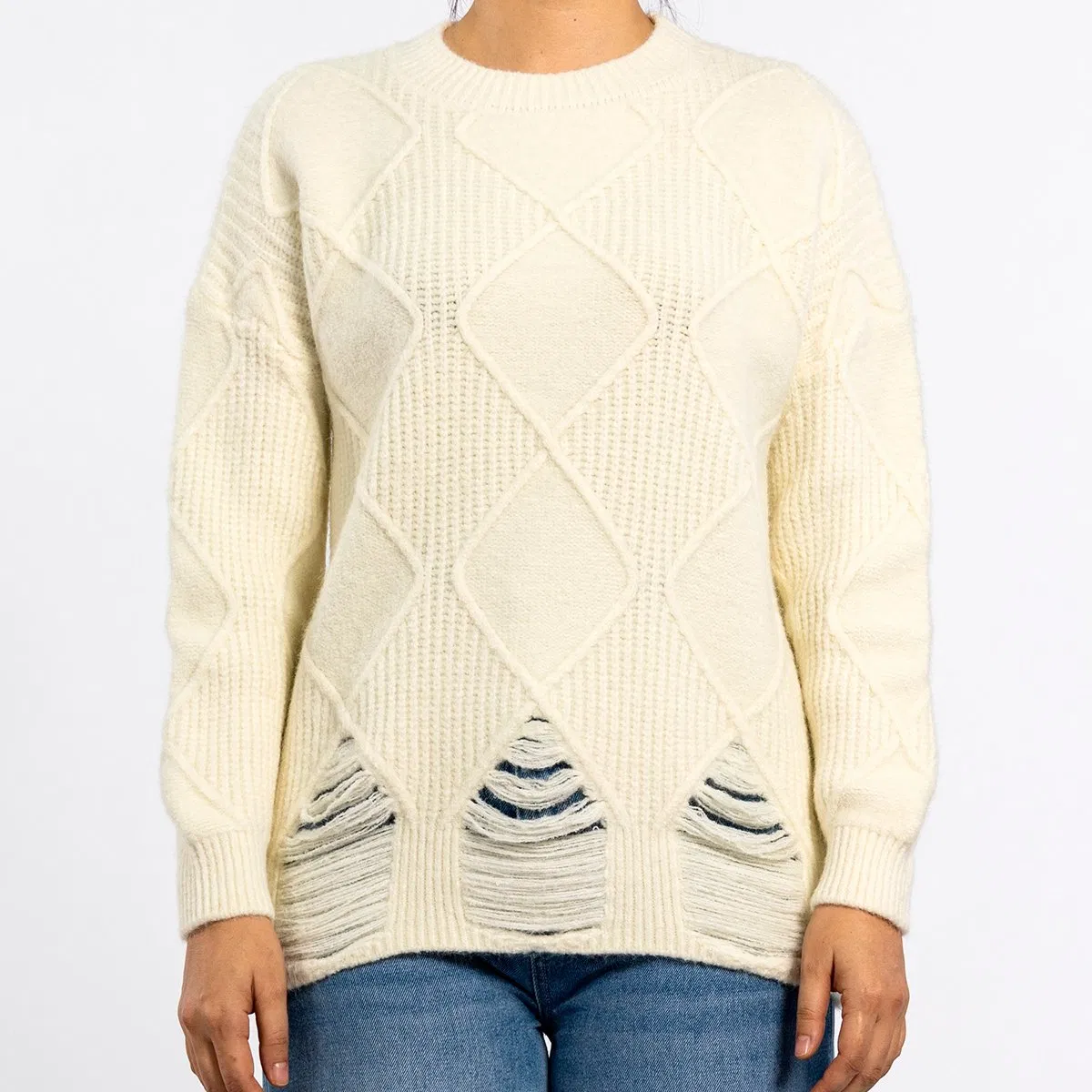 Round Neck Cut Graphic Texture Pullover Beige Sweater