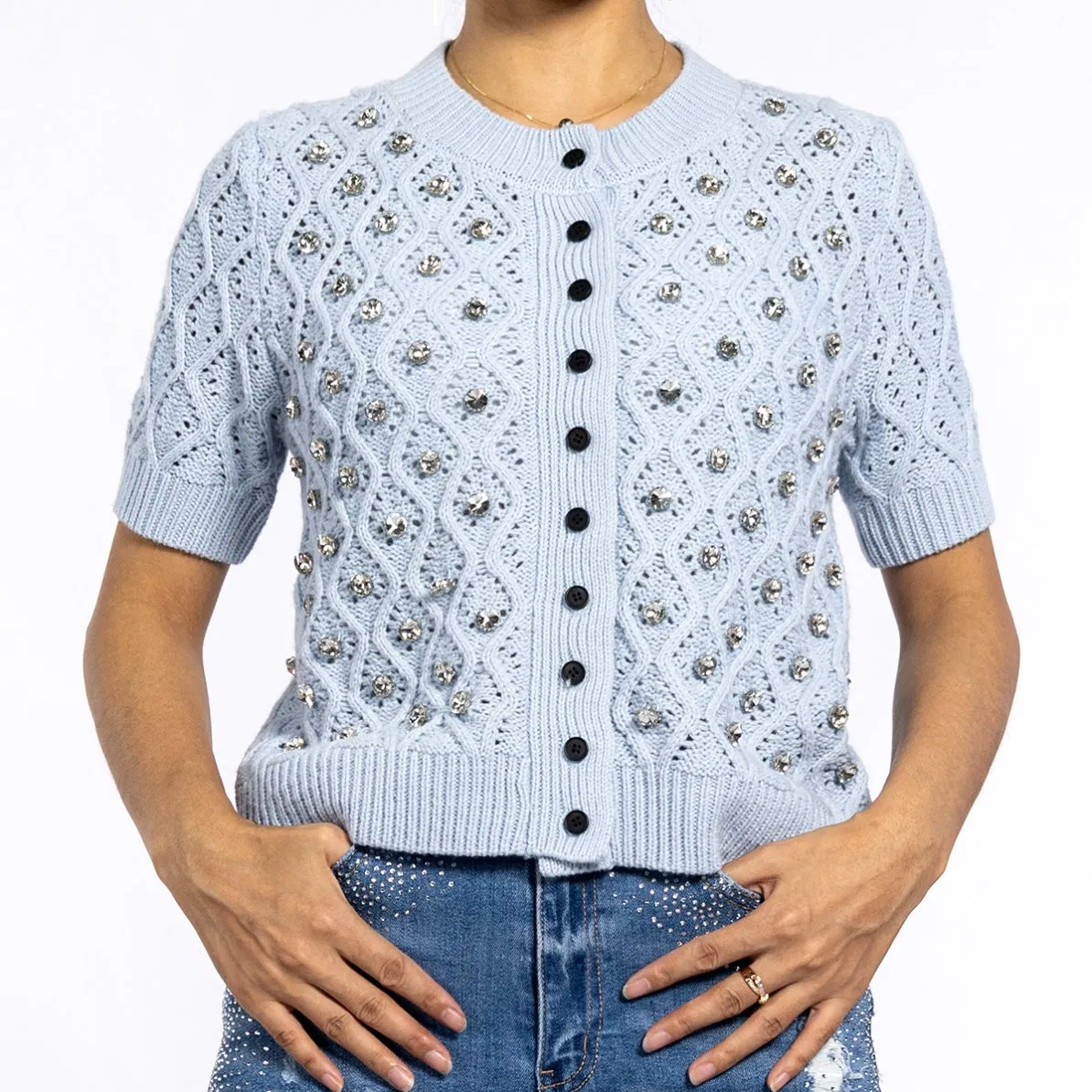 Summer Blue Hot Diamond Design Round Neck Crochet Sweater Short Sleeve Cardigan