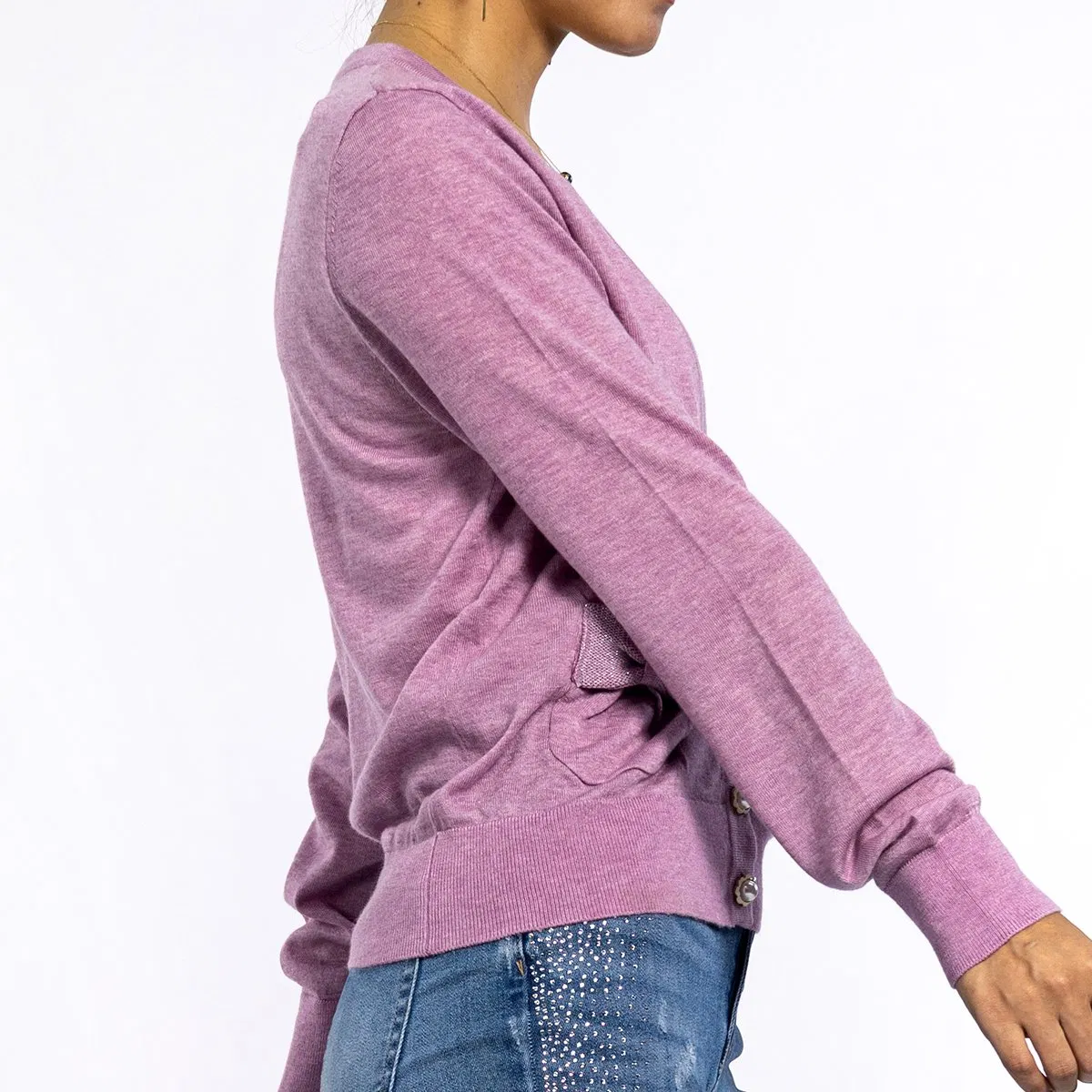 Spring Purple Embroidery Deep V-Neck Long Sleeve Knitted Tops Light Weight Cardigan Sweaters for Women