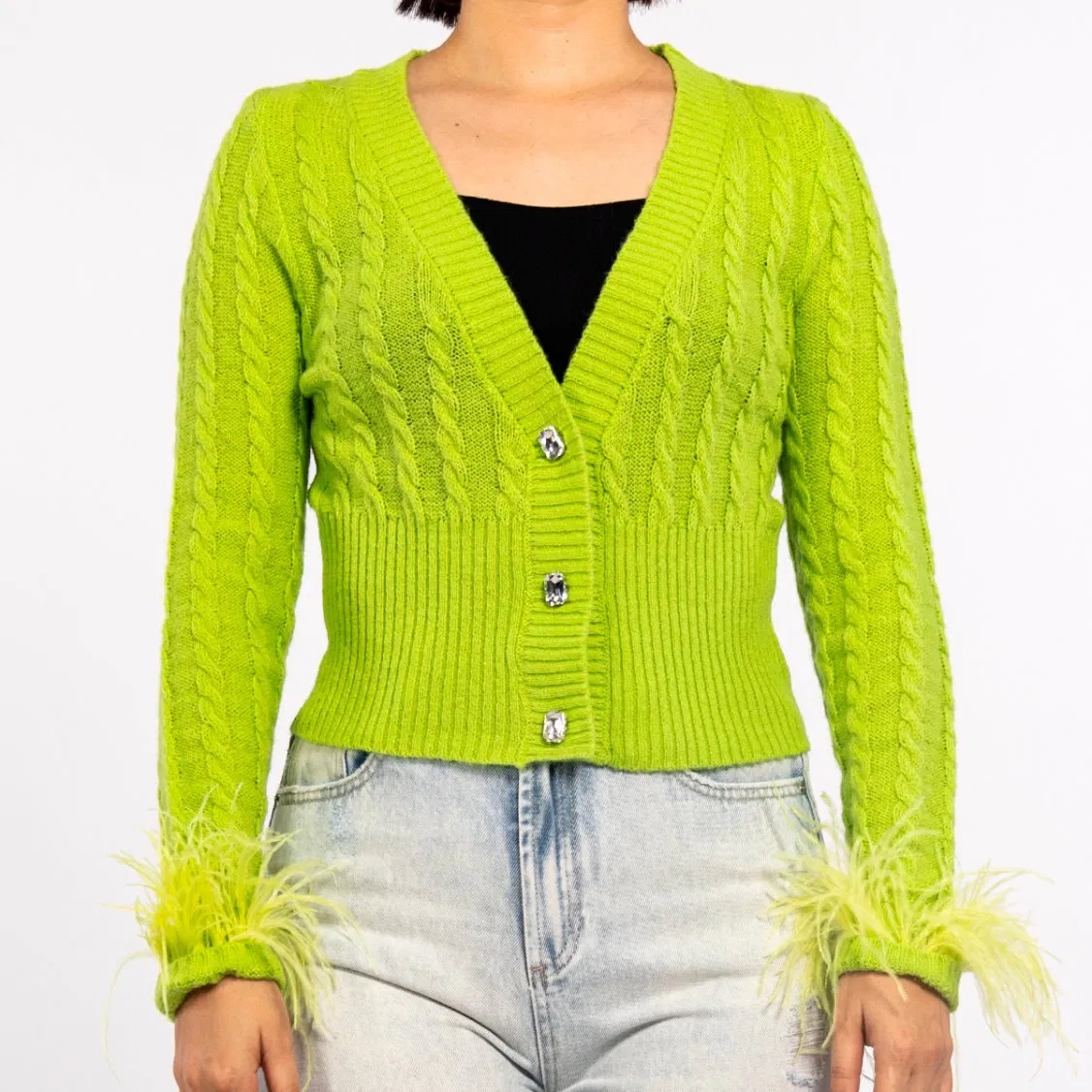 Spring Green Twisted Diamond Knit Top Feather Lightweight Cardigan Sweater for Women