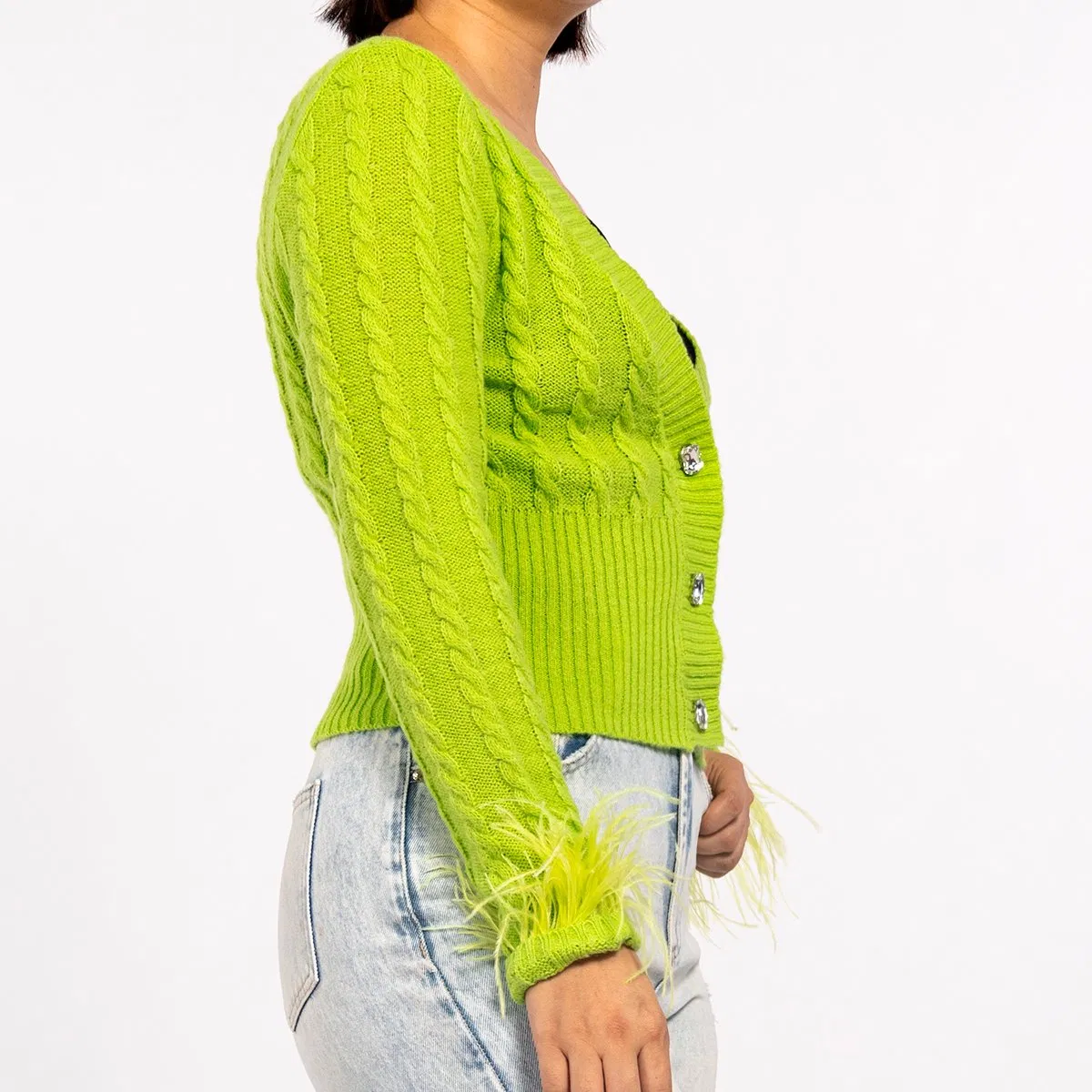 Spring Green Twisted Diamond Knit Top Feather Lightweight Cardigan Sweater for Women