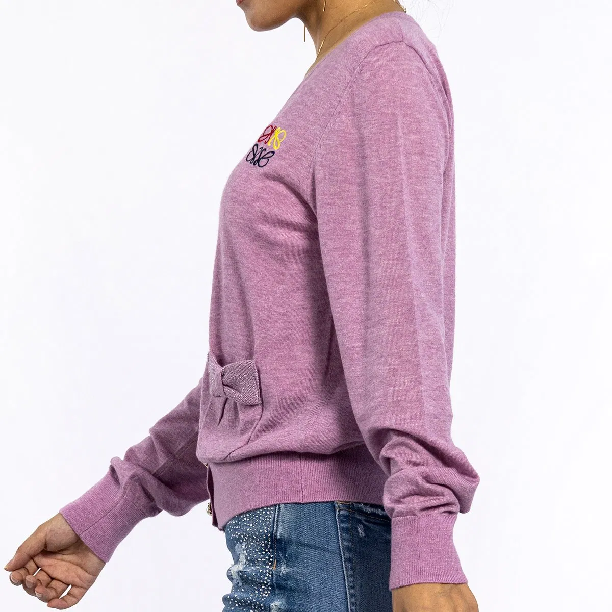 Spring Purple Embroidery Deep V-Neck Long Sleeve Knitted Tops Light Weight Cardigan Sweaters for Women