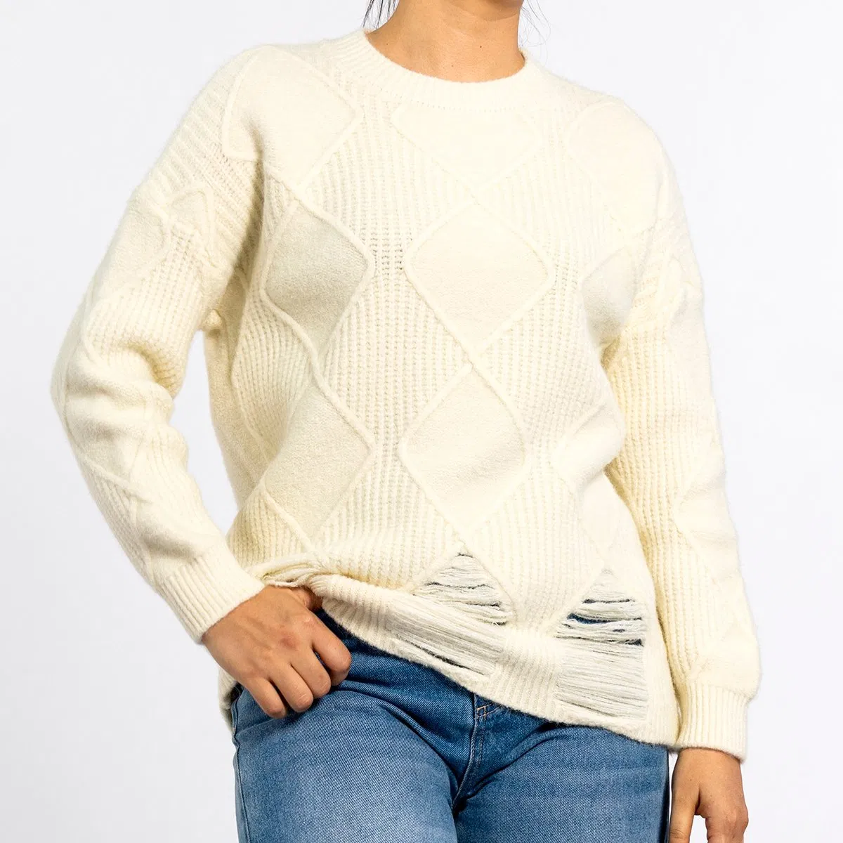 Round Neck Cut Graphic Texture Pullover Beige Sweater
