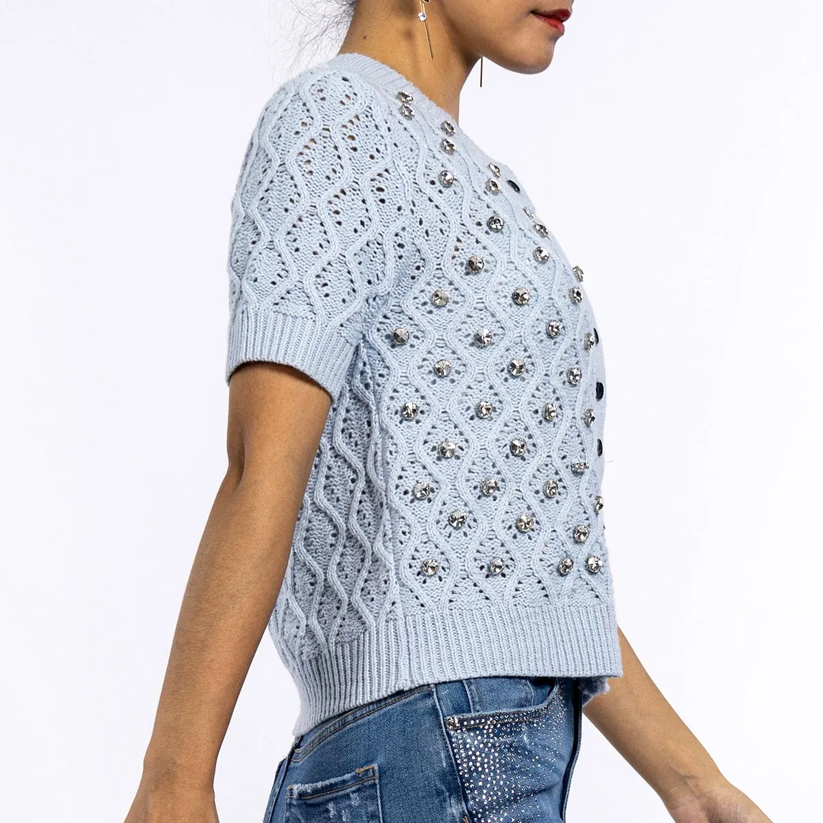 Summer Blue Hot Diamond Design Round Neck Crochet Sweater Short Sleeve Cardigan