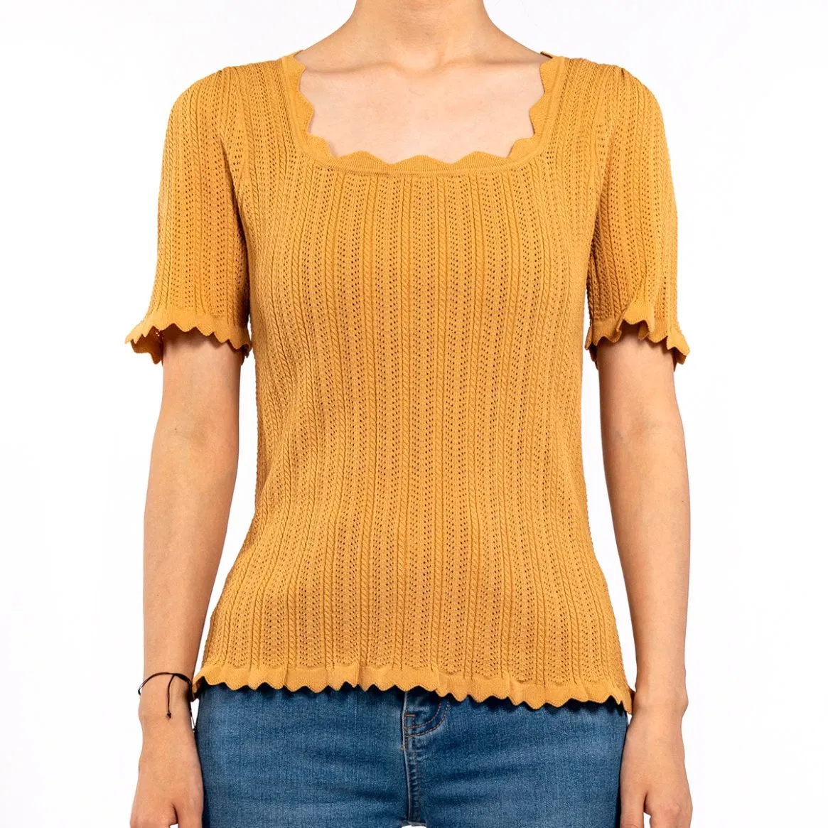 Casual Short Sleeve T-Shirt Square Neck Wavy Edge Hollow out Summer Knit Top Women