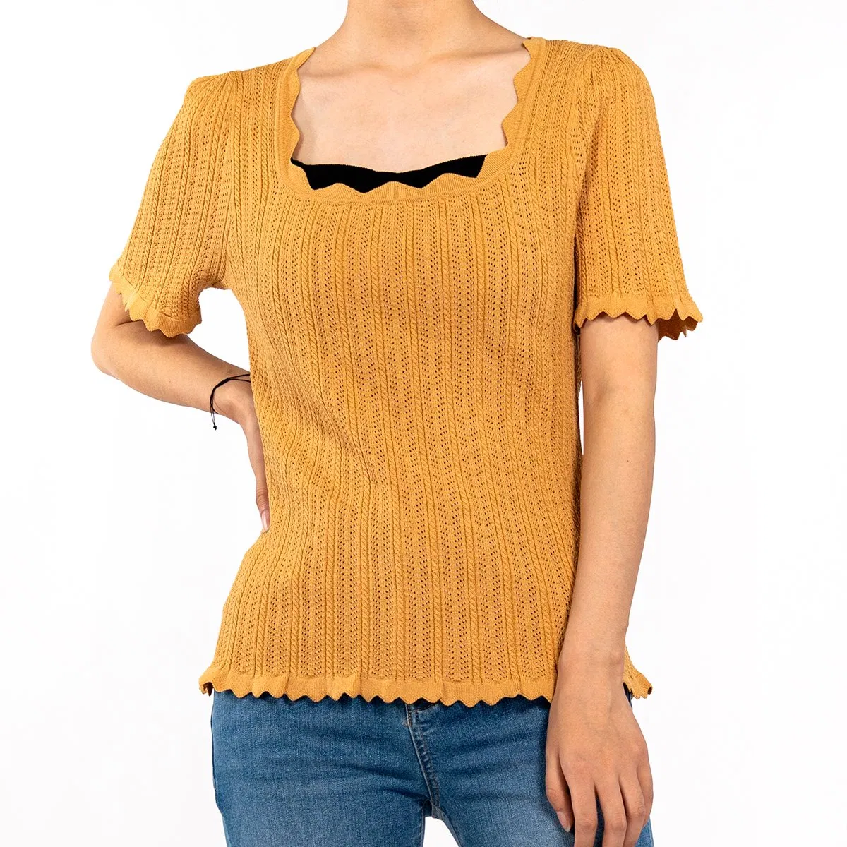 Casual Short Sleeve T-Shirt Square Neck Wavy Edge Hollow out Summer Knit Top Women