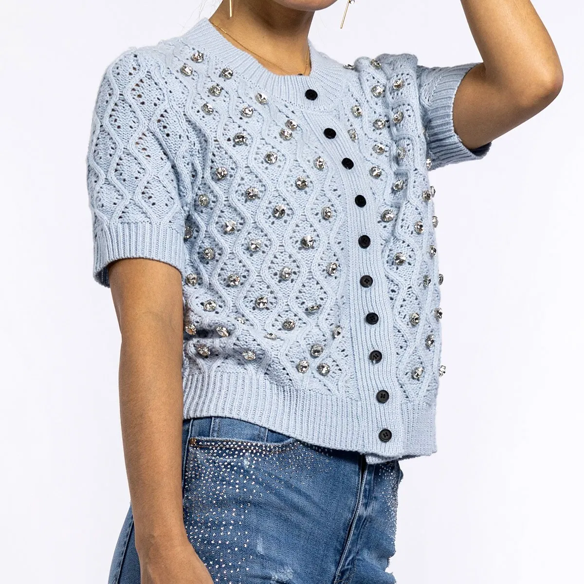 Summer Blue Hot Diamond Design Round Neck Crochet Sweater Short Sleeve Cardigan