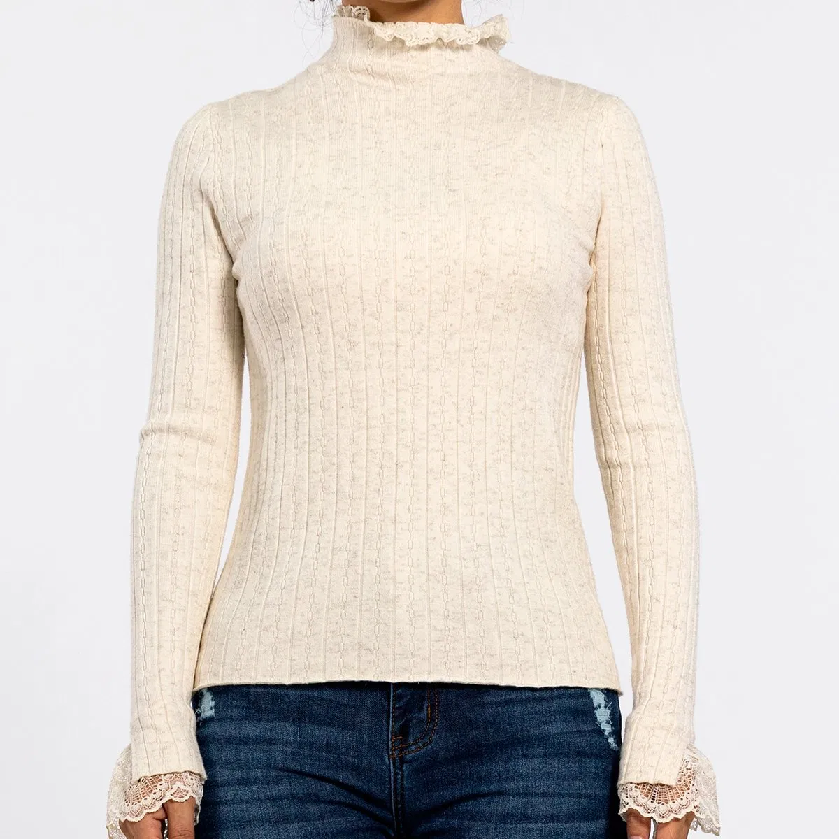 Autumn Knit Top High Neck Lace Ruffle Long Sleeve Pullover Ladies Sweater