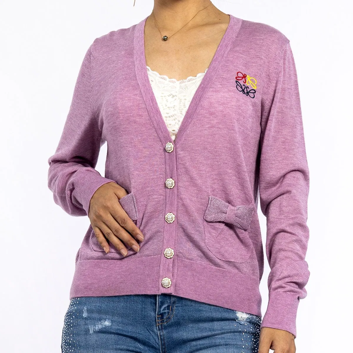 Spring Purple Embroidery Deep V-Neck Long Sleeve Knitted Tops Light Weight Cardigan Sweaters for Women