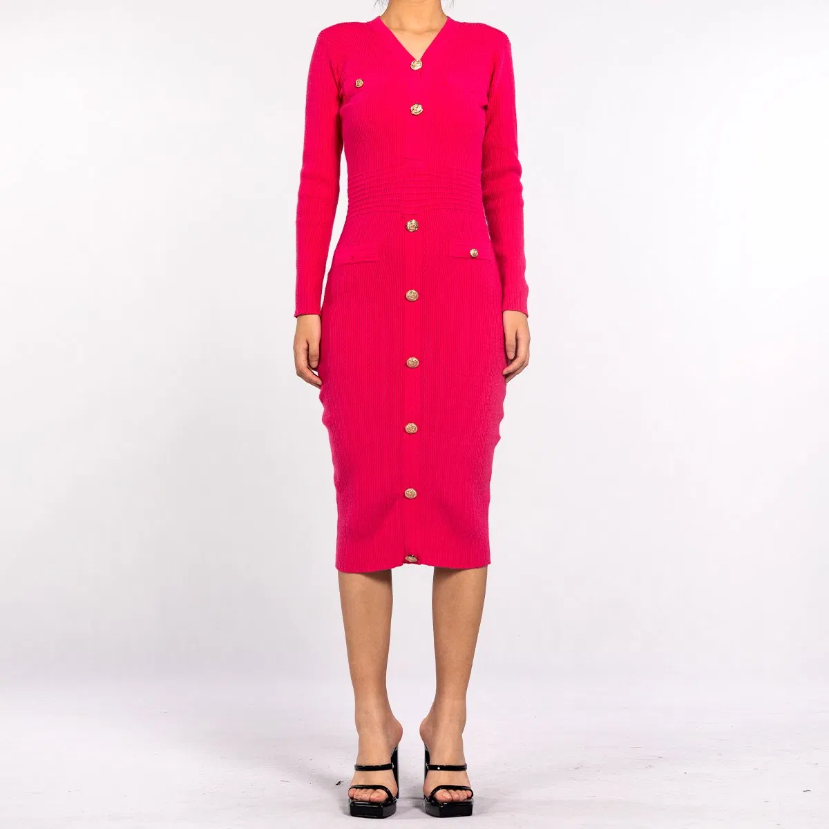 Rose V-Neck Long Sleeve Tight Package Hip Sexy Ribbed Dresses for Women