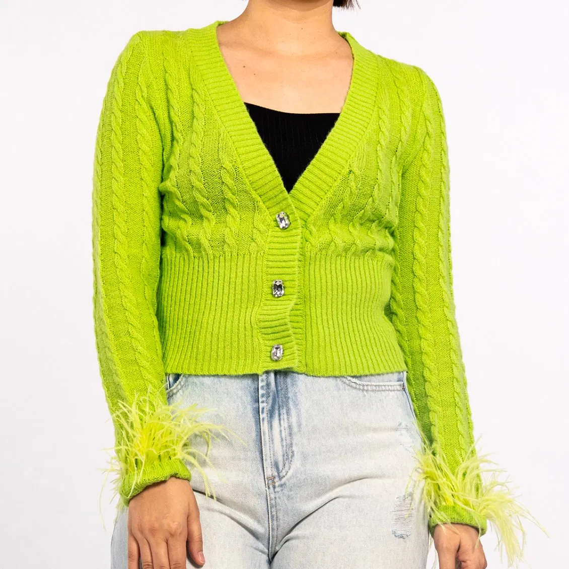 Spring Green Twisted Diamond Knit Top Feather Lightweight Cardigan Sweater for Women