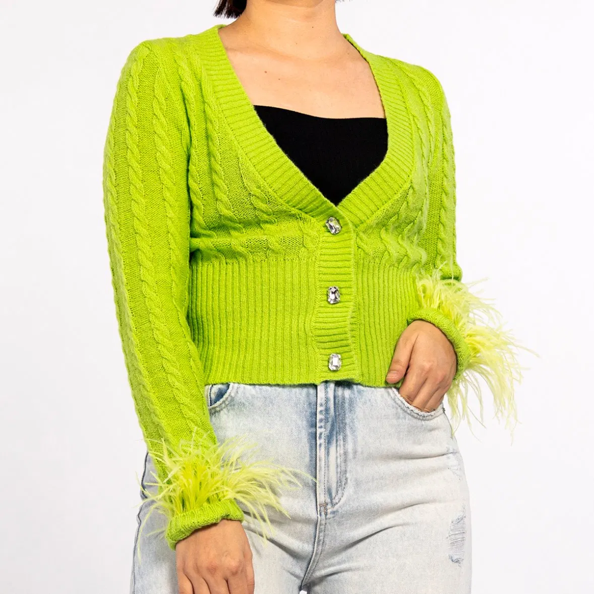 Spring Green Twisted Diamond Knit Top Feather Lightweight Cardigan Sweater for Women